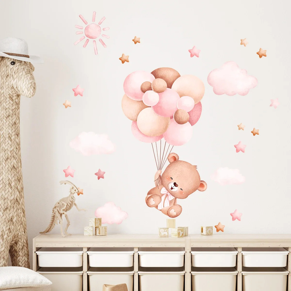 Baby Girl Nursery Quotes - Watercolor Cartoon Balloon Bear Furniture Wall